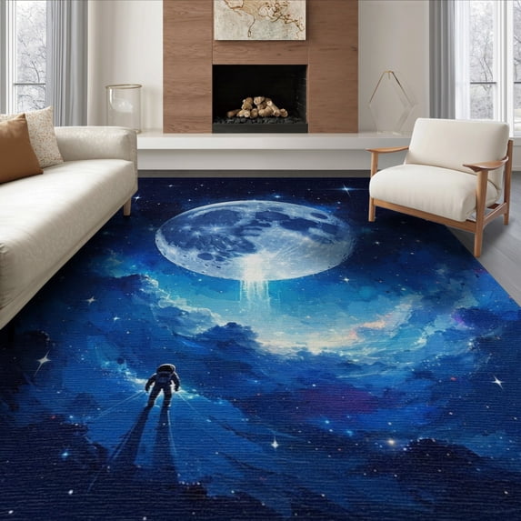 ODIKA Large Astronaut Galaxy Starry Planetary Planets Stars Themed for Living Room, Under Sectional, Family , Non-Slip Flatwoven