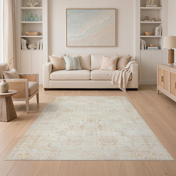 ODIKA Large Decorative Distressed Abstract Trellis Neutral Grey Beige Non-Slip Low Profile for Guest Room, Lounge, Apartment