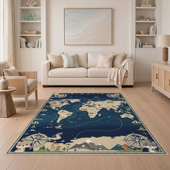 ODIKA Large Educational Map Geography Continents Navy Ocean Tones Playroom Non-Slip Low Profile for Guest Room, Lounge, Apartment