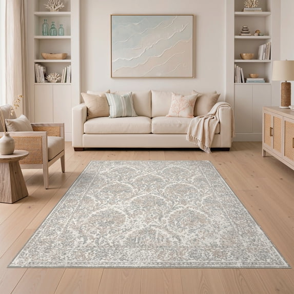 ODIKA Large Faded Grey Botanical Filigree Border Symmetrical Vine Retro for Dining Room, Under Table, Home Office, Non-Slip Chair-Friendly