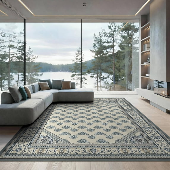 ODIKA Large Grey Retro Traditional Vintage Ornamental Allover Distressed Low Profile Flatwoven for Great Room, Indoor Open Concept, Living