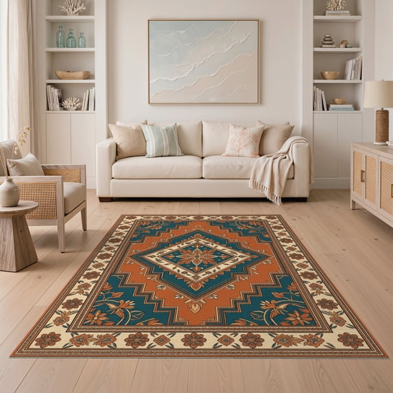 ODIKA Large Interlocking Accents Symmetrical Faded Ornamental Design for Dining Room, Under Table, Home Office, Non-Slip Chair-Friendly