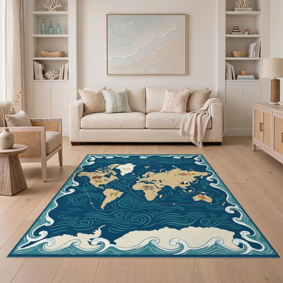 ODIKA Large Map Is Educational Illustrations Ocean Waves Playroom Non-Slip Chair-Friendly for Dining Room, Under Table, Home Office