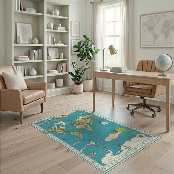 ODIKA Large Map Is Geography Featuring Wildlife Motifs Playroom Non-Slip Chair-Friendly for Home Office, Gaming Room, Under Desk