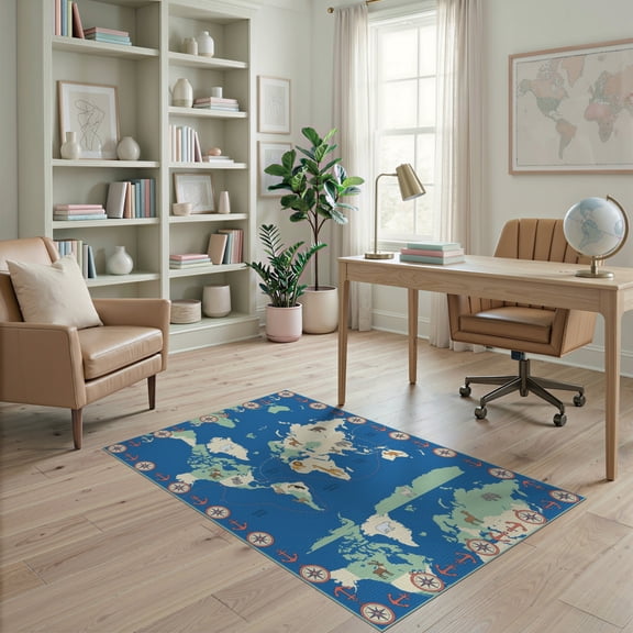 ODIKA Large Map Is Interactive Compass Border Icons Playroom for Bedroom, Reading Nook, Pet Friendly & Kids Safe Play
