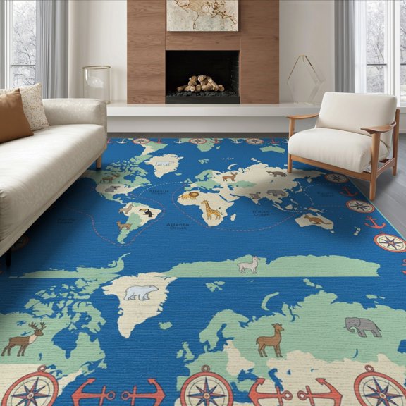 ODIKA Large Map Is Interactive Compass Border Icons Playroom for Dining Room, Office, Lounge, Non-Slip Chair-Friendly