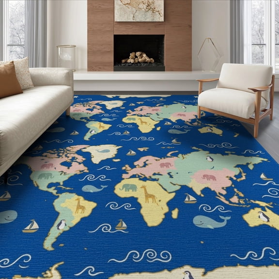 ODIKA Large Map Is Shores Whales Sailboats Stars Playroom for Dining Room, Office, Lounge, Non-Slip Chair-Friendly