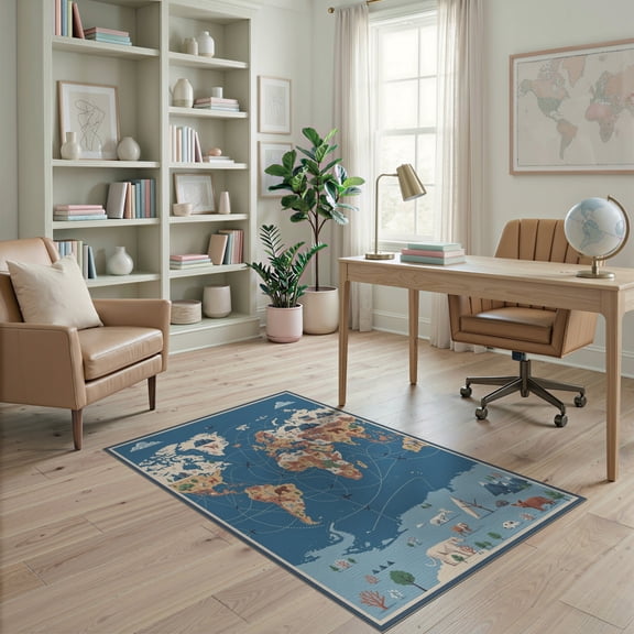 ODIKA Large Map Top Ocean Featuring Faceted Geography Wildlife Motifs Stain Resistant Low Profile for Dorm Room, Small Living Apartment