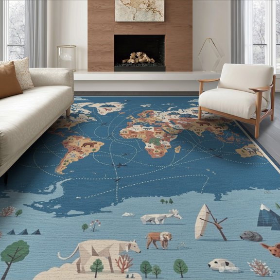 ODIKA Large Map Top Ocean Featuring Faceted Geography Wildlife Motifs for King Size Bedroom, Master Suite, Under Bed, Foldable Easy Care
