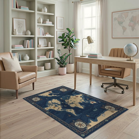 ODIKA Large Navigator Map Theme Is Charming Wildlife Layout Playroom Stain Resistant Low Profile for Dorm Room, Small Living Apartment