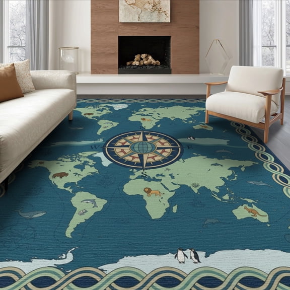ODIKA Large Playmat Map Showcasing Is Oceanic Explorer Motifs Playroom for Dining Room, Office, Lounge, Non-Slip Chair-Friendly