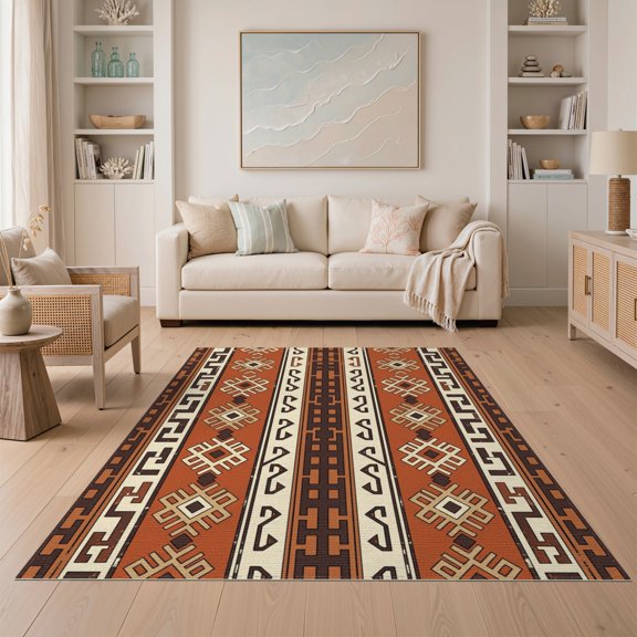 ODIKA Lattice Distressed Border Tapetes Para Cocina Aztec Vintage Boho Playful Non-Slip Low Profile for Guest Room, Lounge, Apartment