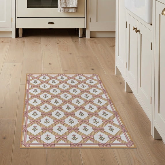 ODIKA Lattice Symmetrical Tiny Sprigs Dainty Delicate Ribbon Coquette Refined for Entryway, Kitchen, Mudroom, Stain Resistant Flatwoven