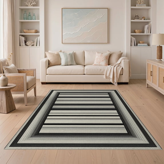 ODIKA Layering Bold Tone Bands Symmetrical Abstract Stripe Striped Non-Slip Low Profile for Guest Room, Lounge, Apartment