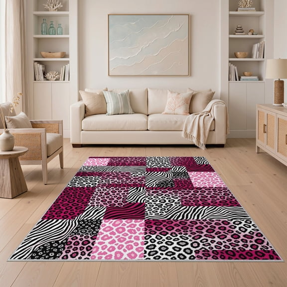 ODIKA Leopard Bold Pink Contrasting Block Contemporary Print Geometric Easy Care Kids Safe for Small Living Room, Playroom, Bedroom