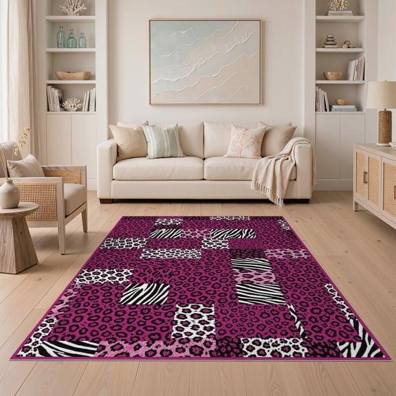 ODIKA Leopard Bold Pink Spotted Striped Geometric Grid Contemporary Easy Care Kids Safe for Small Living Room, Playroom, Bedroom
