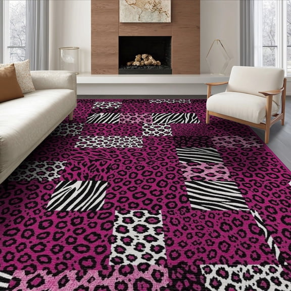 ODIKA Leopard Bold Pink Spotted Striped Geometric Grid Contemporary for Living Room, Under Sectional, Family , Non-Slip Flatwoven