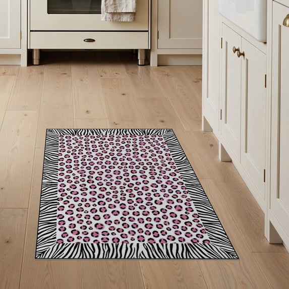 ODIKA Leopard Cheetah Spotted Print Zebra Stripe Border Motif Pink Flowing Dynamic Stain Resistant Flatwoven for Entryway, Kitchen, Mudroom
