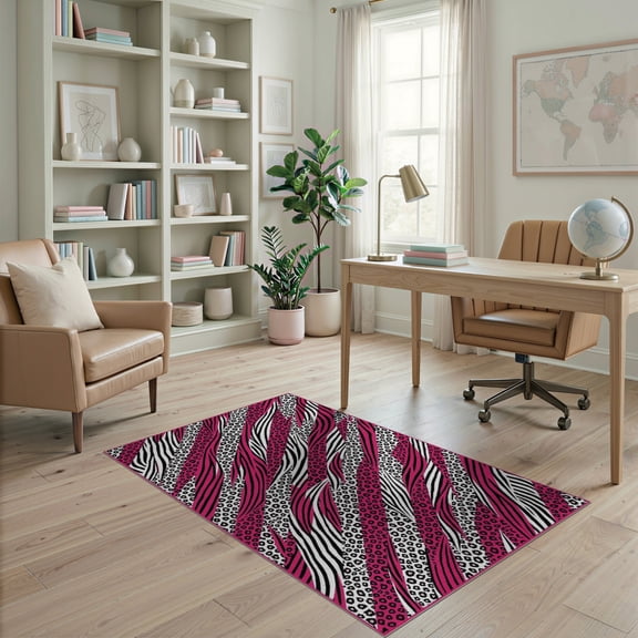 ODIKA Leopard Print Pink Zebra Stripe Patchwork Abstract Diagonal Geometric Non-Slip Chair-Friendly for Home Office, Gaming Room, Under Desk