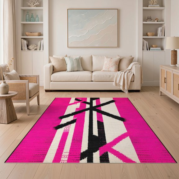 ODIKA Leopard Print Pink Zebra Stripe Patchwork Abstract Diagonal Geometric for Guest Room, Lounge, Apartment, Non-Slip Low Profile