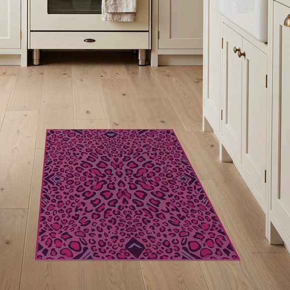 ODIKA Leopard Rosette Border Spotted Abstract Purple Cheetah Print Playful Expressive for Entryway, Kitchen, Mudroom, Stain Resistant Flatwoven