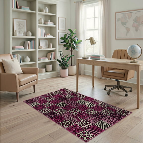 ODIKA Leopard Skin Pink Checkerboard Contemporary Designer Print Geometric for Dorm Room, Small Living Apartment, Stain Resistant Low Profile