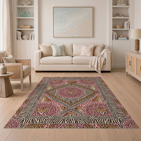 ODIKA Leopard Spotted Zebra Stripe Frame Mosaic Print Pink Cheetah Refined Structured for Guest Room, Lounge, Apartment, Non-Slip Low Profile
