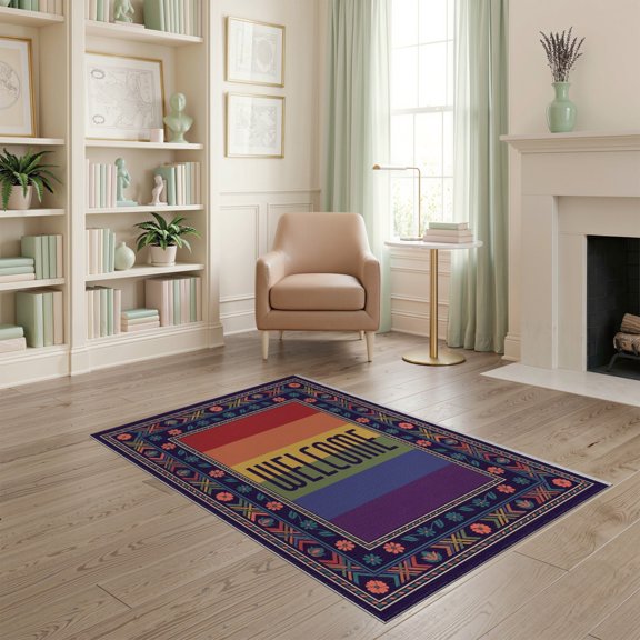 ODIKA Lettering With Floral Accents And Banded Stripe Border Pride Rainbow Welcome for Dorm Room, Small Living Apartment, Stain Resistant Low Profile