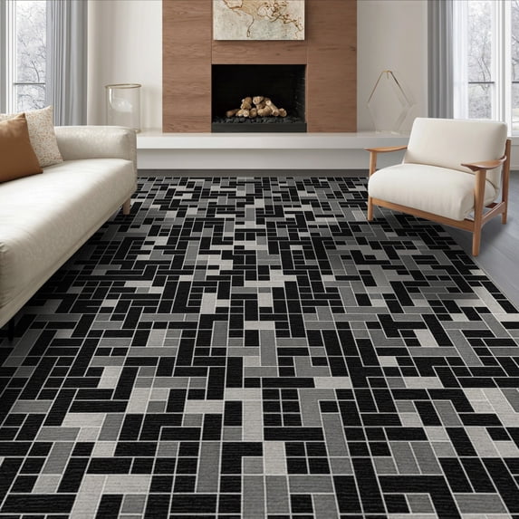 ODIKA Long Abstract Hallway Textured Motif Featuring Tonal Grid Entryway for King Size Bedroom, Master Suite, Under Bed, Foldable Easy Care