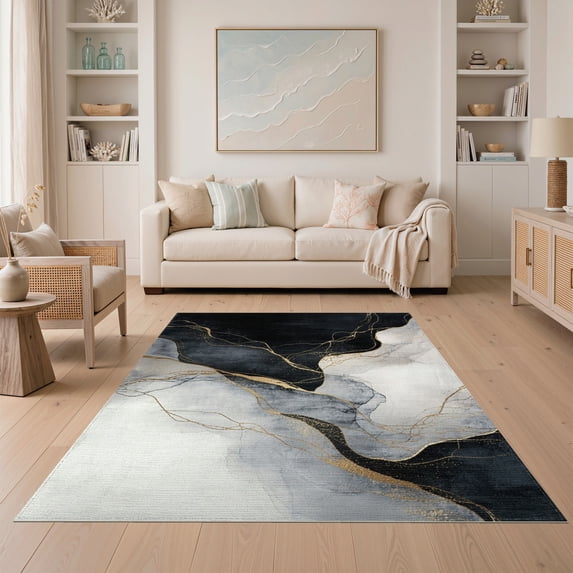 ODIKA 5'x7' Washable Area Rug Long Hallway Abstract Marbled Swirl Contemporary Flowing Entryway for Dining Room, Under Table, Home Office, Non-Slip Chair-Friendly
