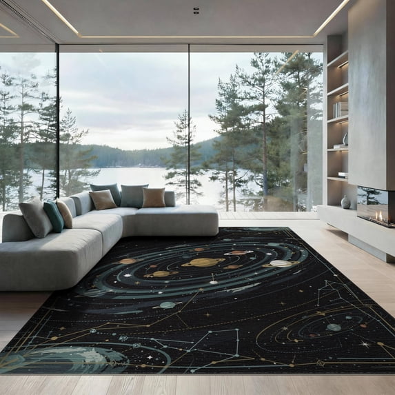 ODIKA Map Constellation Border Planets Orbiting Stars Cosmic Galaxy Flowing Dynamic Low Profile Flatwoven for Great Room, Indoor Open Concept, Large Living