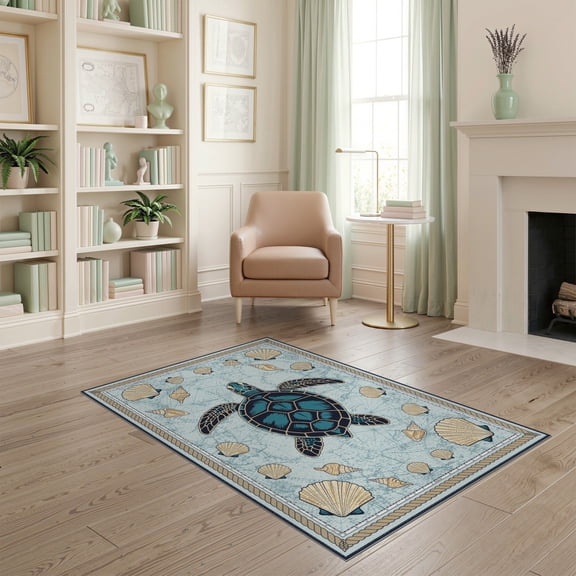 ODIKA Map Ocean Nautical Frame Shells Compass Coral Border Vintage Turtle Flowing for Playroom, Bedroom, Reading Nook, Pet Friendly & Kids Safe Play
