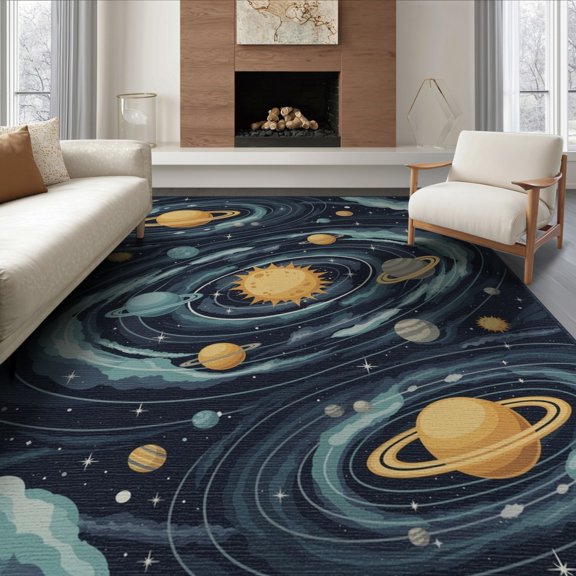ODIKA Map Orbiting Planets Stars Cosmic Nebula Ringed Comet Galaxy Flowing Dynamic for Living Room, Under Sectional, Family , Non-Slip Flatwoven
