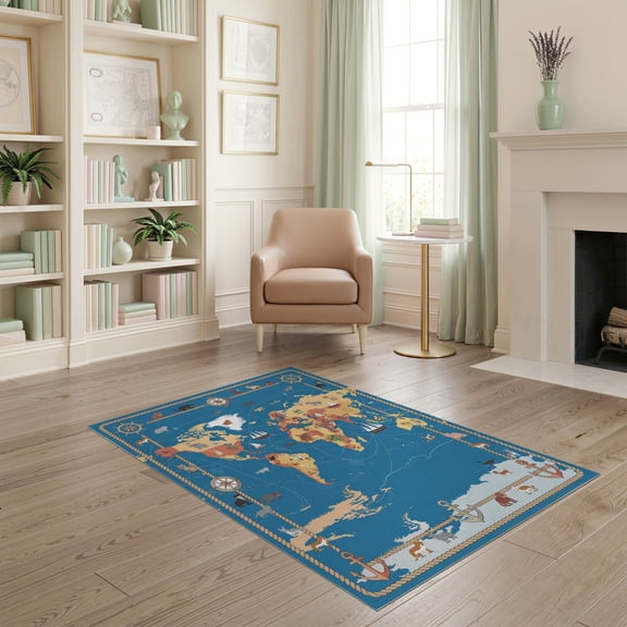 ODIKA Map Playroom Ocean Voyage Icons Nautical Frame Large Flowing Dynamic for Bedroom, Reading Nook, Pet Friendly & Kids Safe Play
