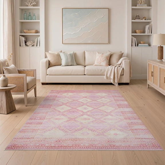 ODIKA Mauve Abstract Boho With Interlocking Diamond Geometric Motifs Non-Slip Low Profile for Guest Room, Lounge, Apartment