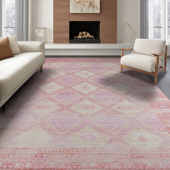 ODIKA Mauve Abstract Boho With Interlocking Diamond Geometric Motifs for Dining Room, Large Office, Lounge, Non-Slip Chair-Friendly