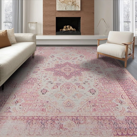 ODIKA Mauve Boho Medallion With Distressed Floral And Geometric Trellis for Dining Room, Large Office, Lounge, Non-Slip Chair-Friendly