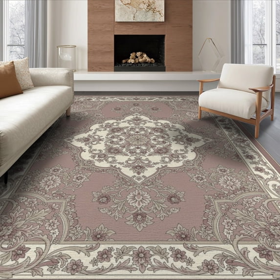 ODIKA Mauve Dusty Traditional Damask Motif Vintage Boho Scroll Border for Queen Size Bedroom, Under Bed, Master Suite, Foldable Easy Care