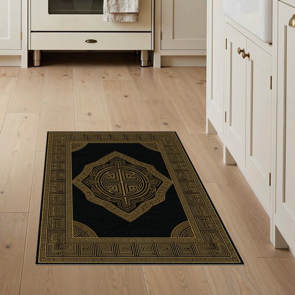 ODIKA Meander Border Scroll Geometric Fret Bordered Symmetry Greek Key Refined for Entryway, Kitchen, Mudroom, Stain Resistant Flatwoven