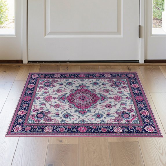 ODIKA Medallion Oriental Maximalist With Ornate Floral Scroll Border Stain Resistant Thin Throw for Entryway, Kitchen, Laundry Room