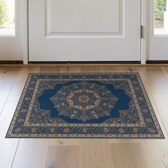 ODIKA Medallion With Floral Scroll Border And Faded Accents Vintage Oriental Refined Non-Slip Low Profile for Hallway, Study Room, Playroom