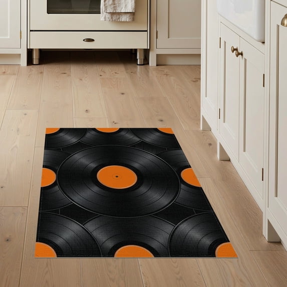 ODIKA 3'x5' Washable Area Rug Minimalist Music Retro Concentric Disc Motif Groove Vinyl Record Refined for Hallway, Laundry Room, Non-Slip, Flatweave, Easy Care