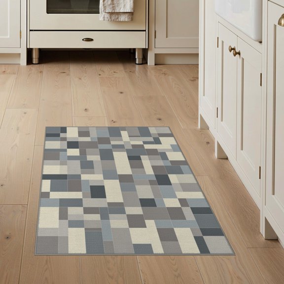 ODIKA Modern Grid Arrangement Neutral Tonal Gradients Minimalist Design for Entryway, Kitchen, Mudroom, Stain Resistant Flatwoven