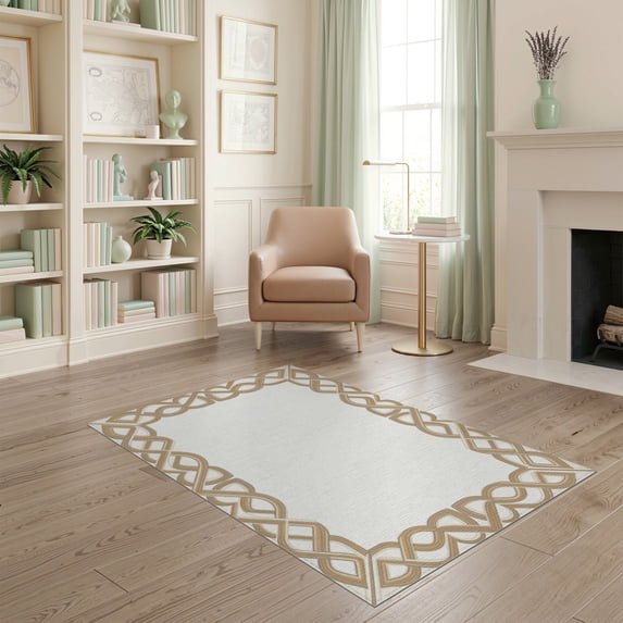 ODIKA Modern Neutral Abstract With Minimalist Interlocking Border Accents for Dorm Room, Small Living Apartment, Stain Resistant Low Profile