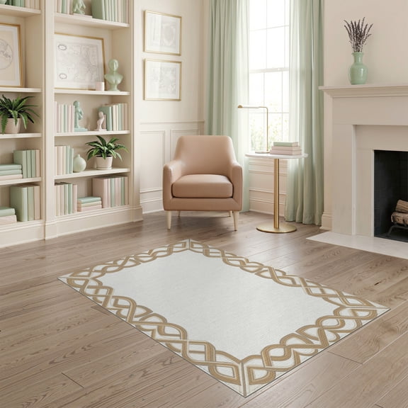 ODIKA Modern Neutral Abstract With Minimalist Interlocking Border Accents for Dorm Room, Small Living Apartment, Stain Resistant Low Profile