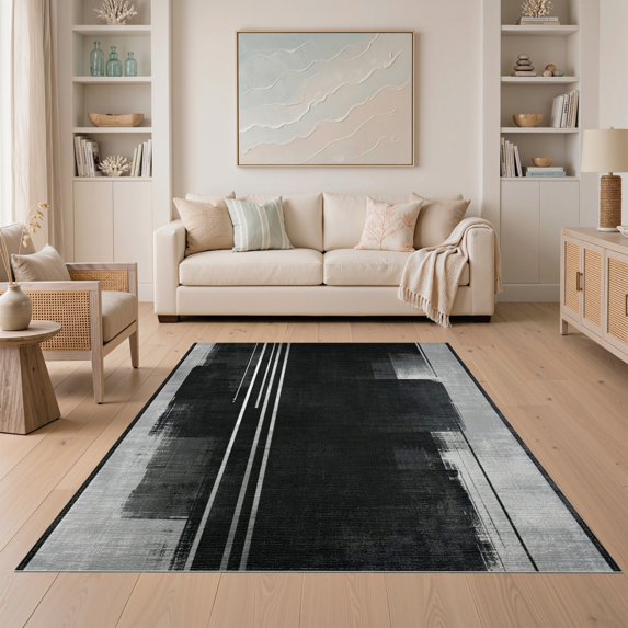 ODIKA Modern Textured Look Abstract Brushstroke Stripes With Metallic Edge Non-Slip Low Profile for Guest Room, Lounge, Apartment