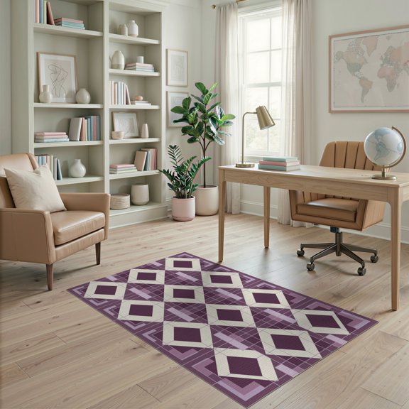 ODIKA Motif Abstract Grid Flow Plaid Crisp Interlocking Purple Checkered Retro Pet Friendly & Kids Safe Play for Playroom, Bedroom, Reading Nook