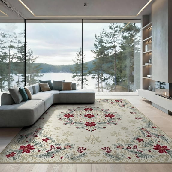 ODIKA Motif Fluffy Boho Snowflake Border Alfombra Para Sala Shaggy Fuzzy Flowing for Great Room, Indoor Open Concept, Large Living Low Profile Flatwoven