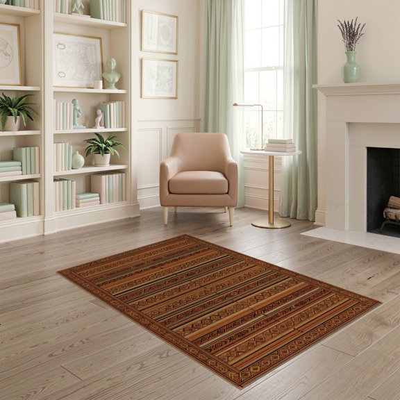 ODIKA Motif Stacked Bands Border Stripe Stepped Aztec Southwestern Refined Structured Stain Resistant Low Profile for Dorm Room, Small Living Apartment