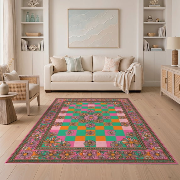 ODIKA Multicolor Geometric Squares Playful Flower Accents Decorative for Dining Room, Under Table, Home Office, Non-Slip Chair-Friendly